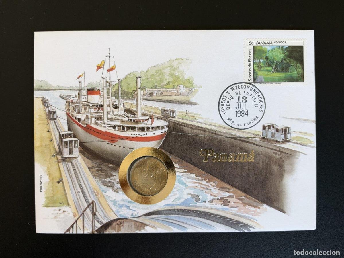 Sellos: Panam&aacute; 1984 sobre numism&aacute;tico Philswiss canal barco