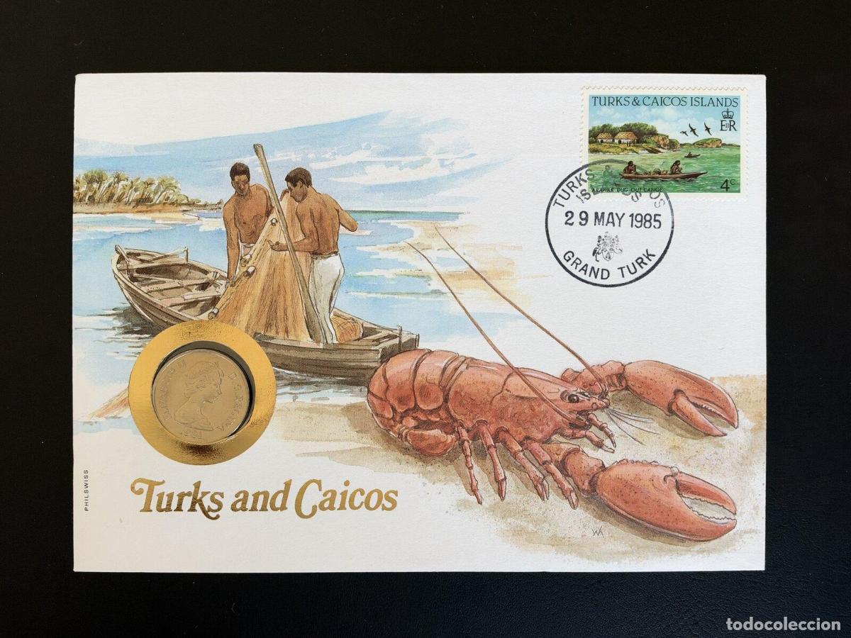 Sellos: Turks Caicos Islands sobre numism&aacute;tico FDC 1985 Philswiss