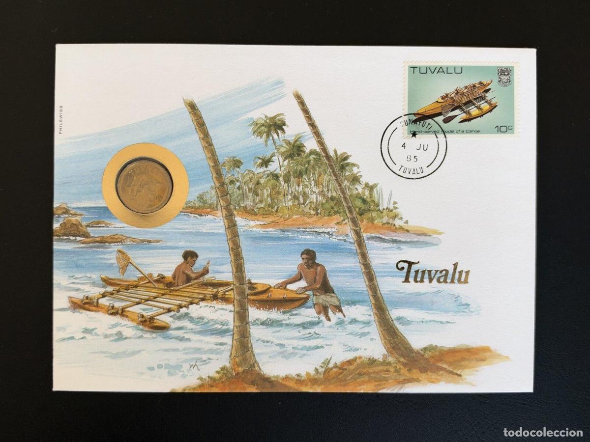 Francobolli: Tuvalu sobre numism&aacute;tico Philswiss 1985 sello piragua 10c