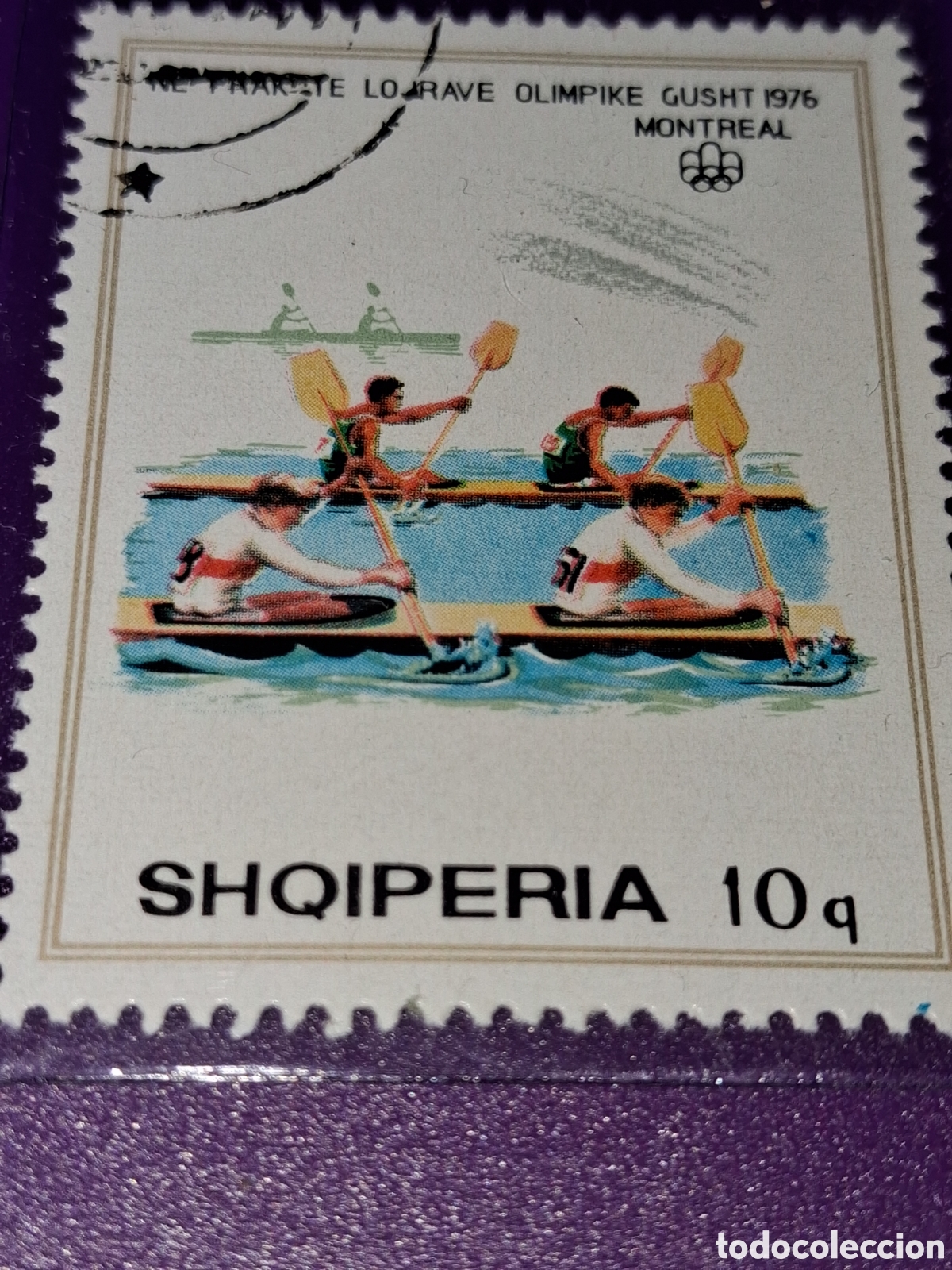 Francobolli: Sello (1/8v) Albania mtdo 1975. Juegos olimpiada. Montreal. Deporte. Barco. Canoa. K2. Transporte