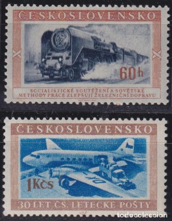 Sellos: F-EX63804 CZECHOSLOVAKIA MNH 1954 TRANSPORT AIRPLANE RAILWAY TRAIN SHIP LOCOMOTIVE.