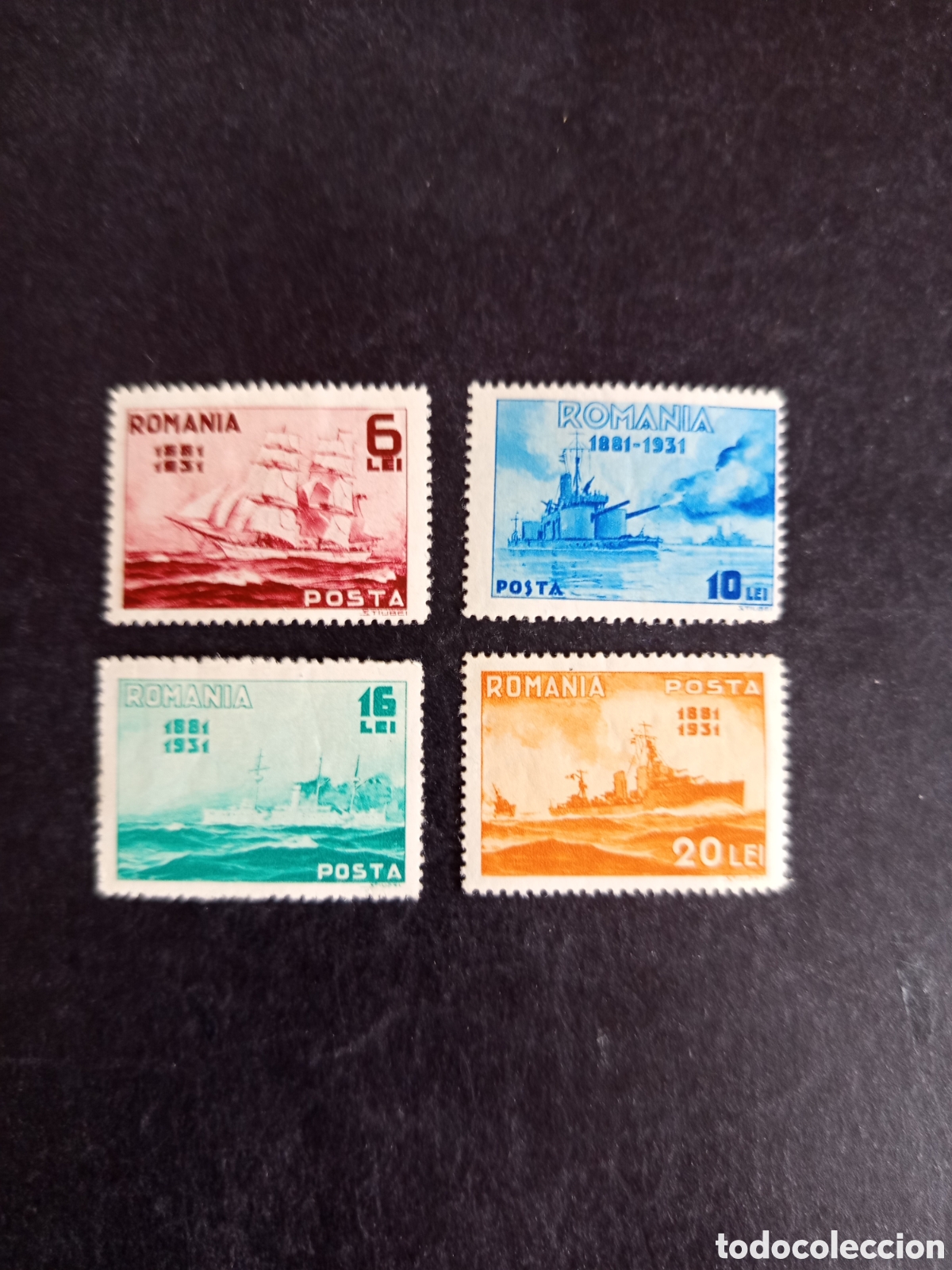 Sellos: Ruman&iacute;a, 1931. 50 Aniversario Armada Rumana. Yv. 418/21. Serie completa. Pedido m&iacute;nimo 3 &euro;.Ver fotos