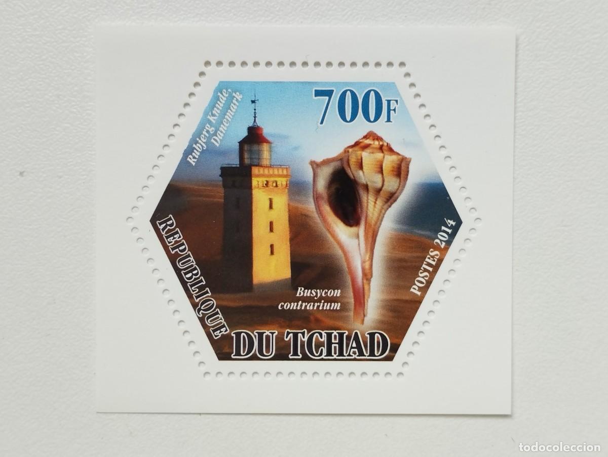 Sellos: TCHAD 2014 HOJA BLOQUE TEMATICA FAUNA MARINA- CARACOLES- FAROS - FARO DE RUBJERG KNUDE DINAMARCA