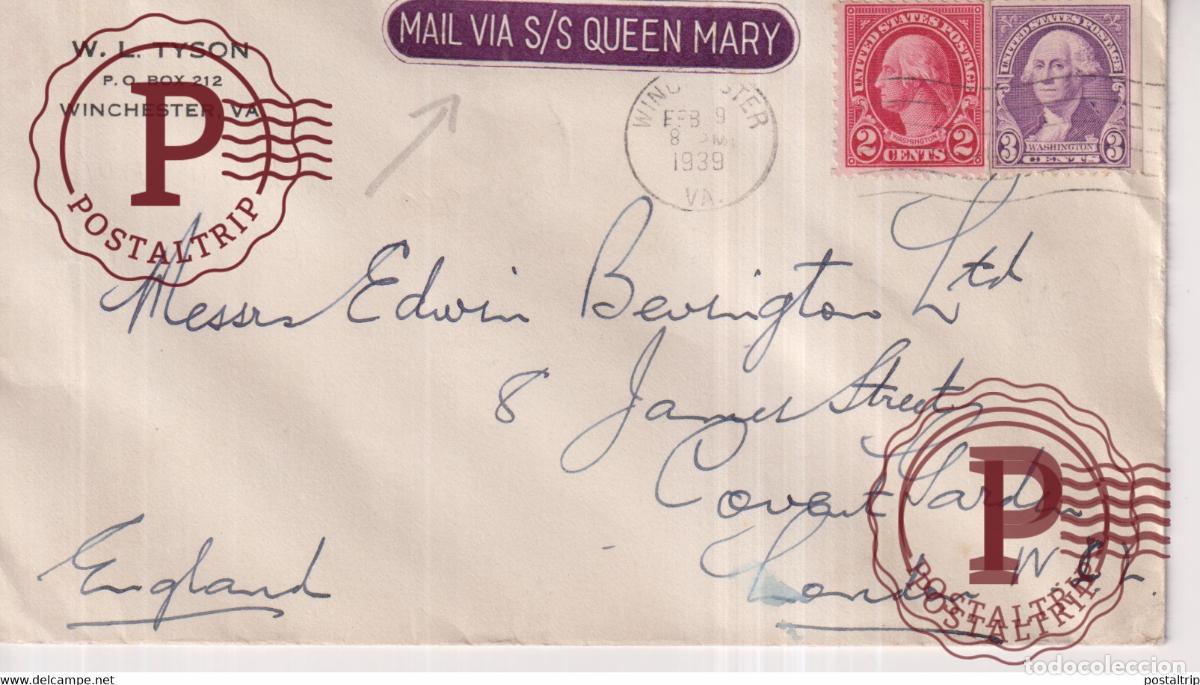 Sellos: QUEEN MARY 1939 W L TYSON WINCHESTER TO LONDON +-16.5*9cm