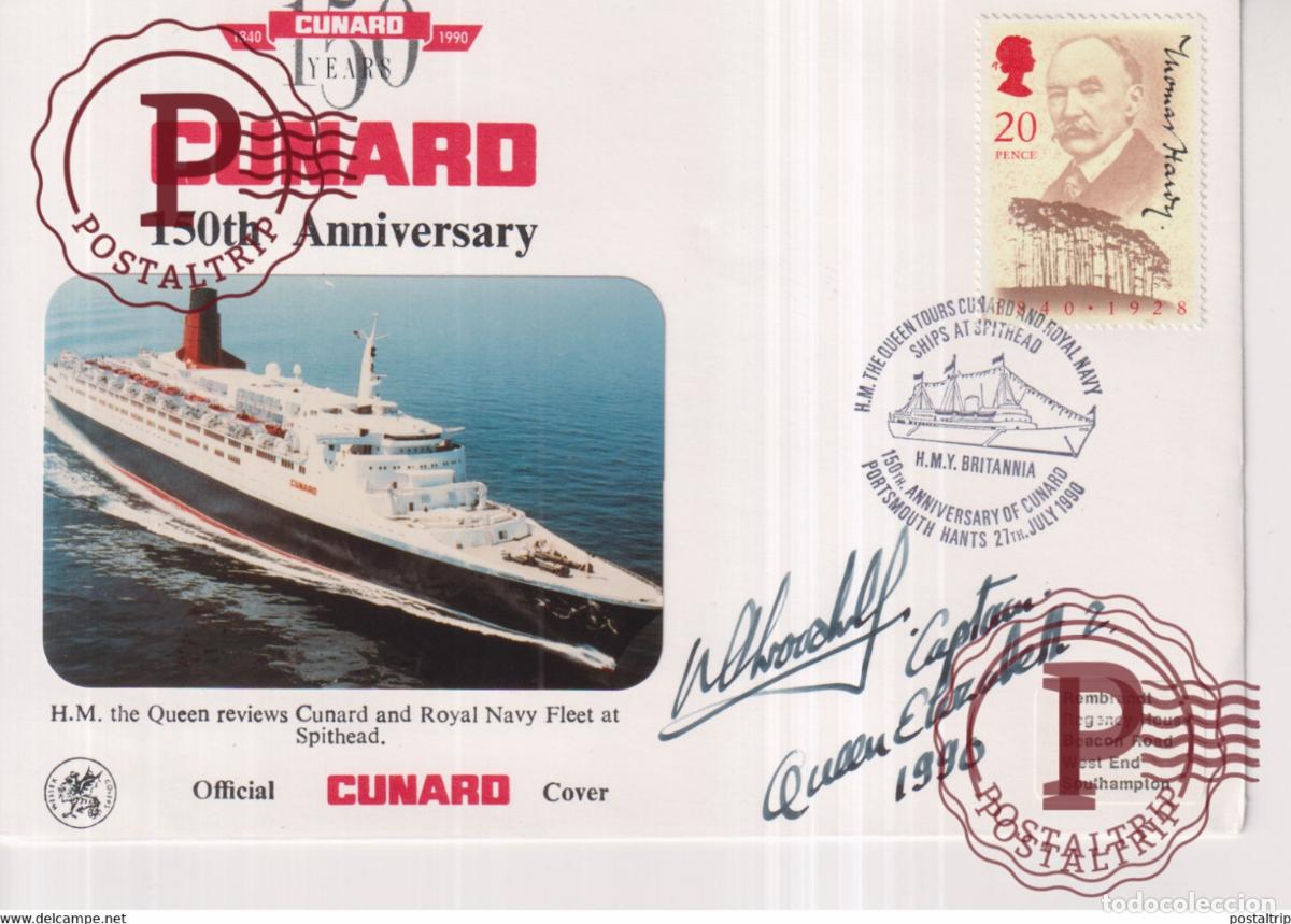 Sellos: SIGNED BY THE CAPTAIN IN 1990 !!!!! CUNARD 150TH ANNIVERSARY BRITANNIA RMS QUEEN ELIZABETH 2 +-1