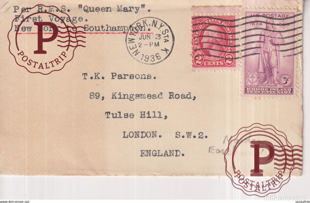 Sellos: PER RMS QUEEN MARY 1936 MAIDEN VOYAGE FIRST VOYAGE +-13.5*8cm