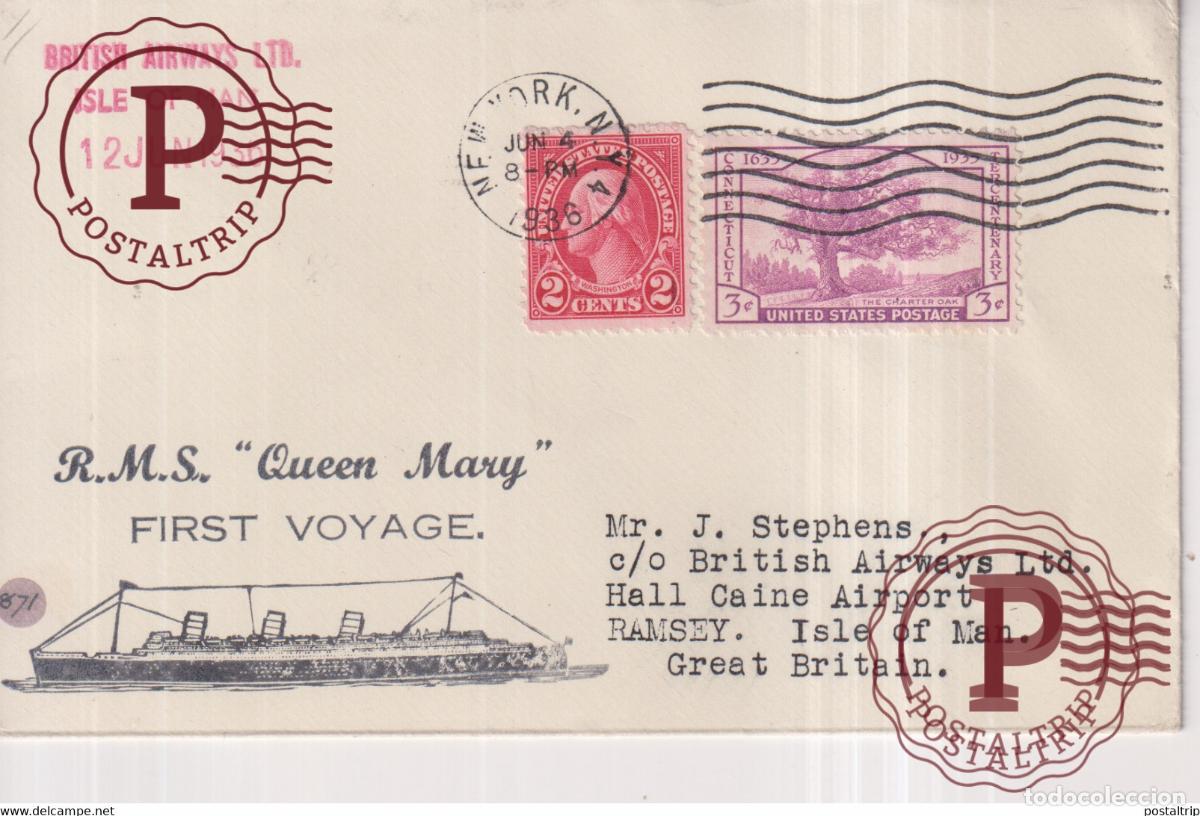 Sellos: RMS QUEEN MARY 1936 BRITISH AIRWAYS ISLE OF MAN 1936 FIRST VOYAGE +-14*9.5cm