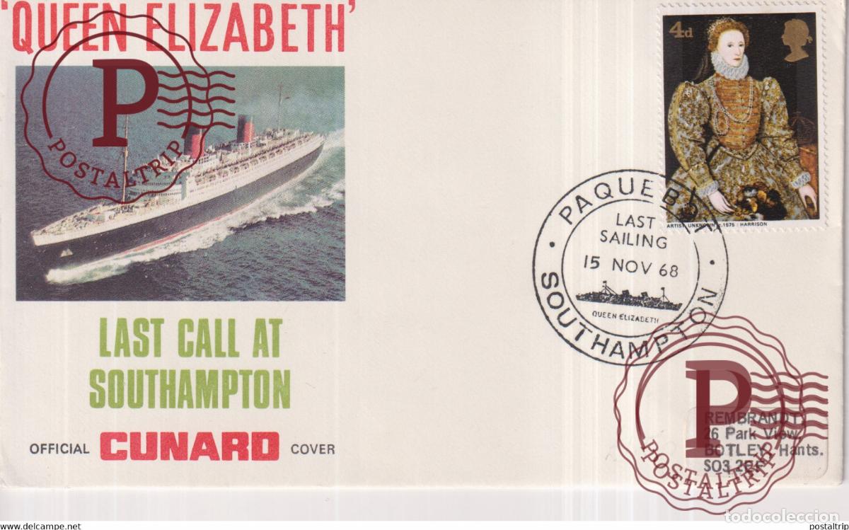 Sellos: QUEEN ELIZABETH FINAL LAST CALL SOUTHAMPTON CUNARD POSTED AT SEA PAQUEBOT 1968 +-15*9cm