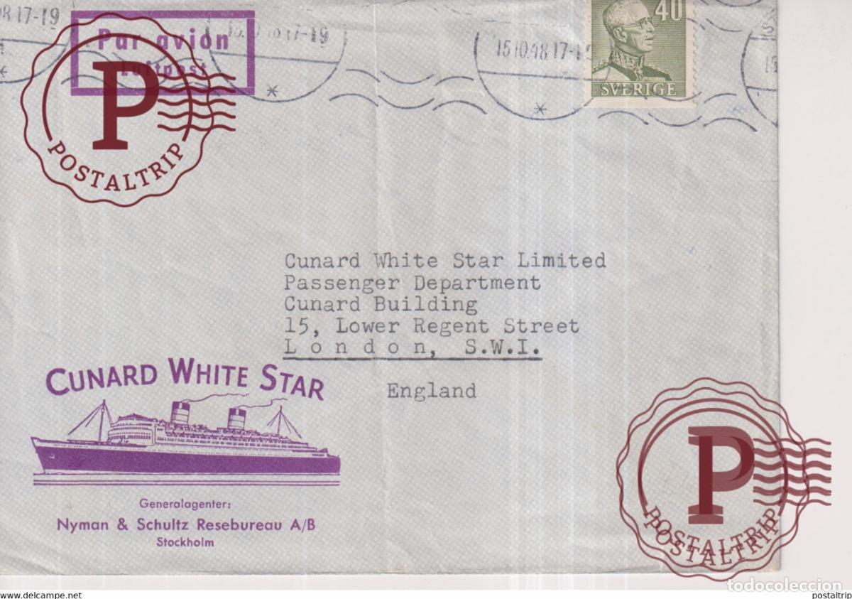 Sellos: CUNARD WHITE STAR NYMAN SCHULTZ RESEBUREAU STOCKHOLM +-15.5*11.5cm