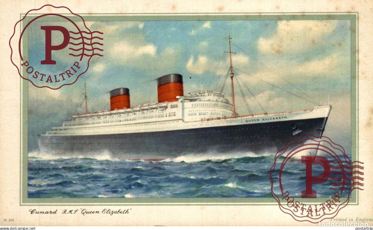 Sellos: NOT POSTCARD BUT ABSTRACT OF LOG OF CUNARD RMS QUEEN ELIZABETH SOUTHAMPTON CHERBOURG NY 16.5*10.5CM