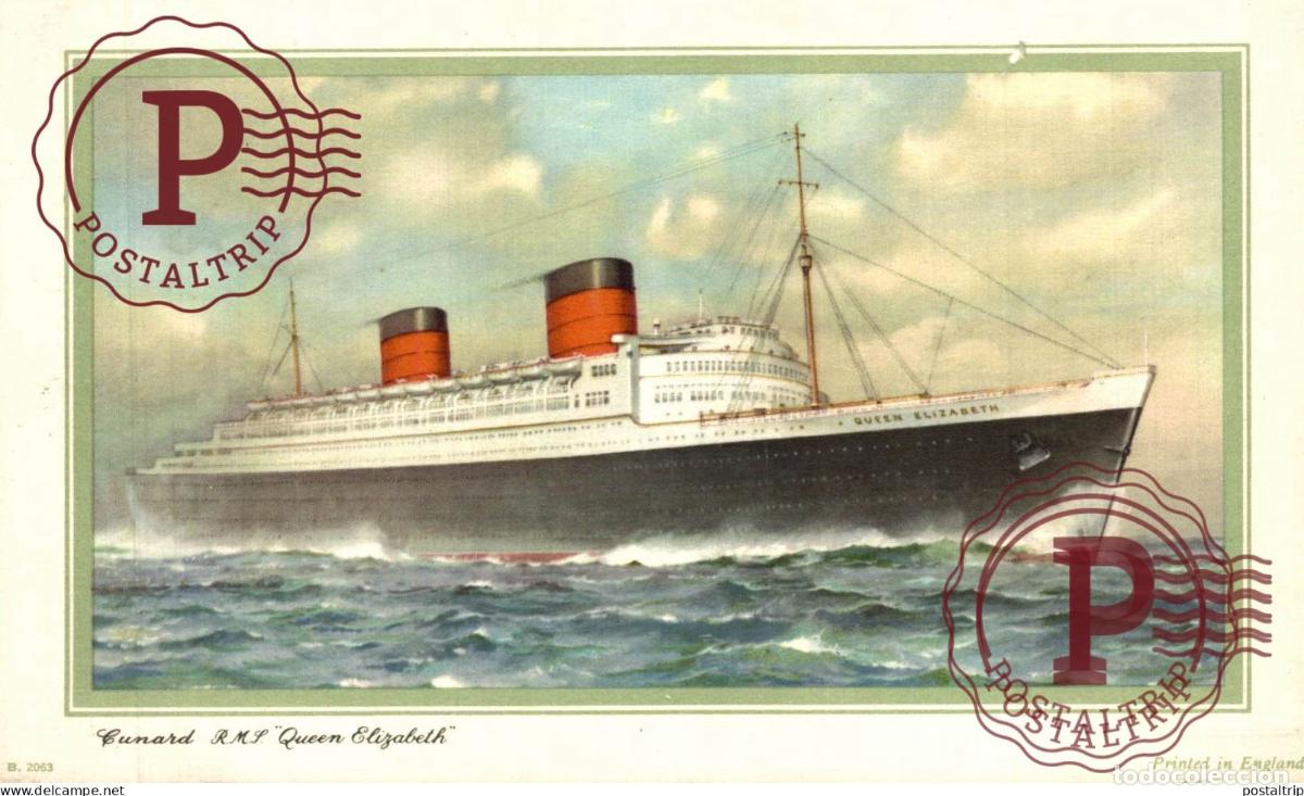 Sellos: NOT POSTCARD BUT ABSTRACT OF LOG OF CUNARD RMS QUEEN ELIZABETH NY SOUTHAMPTON CHERBOURG 16.5*10.5C