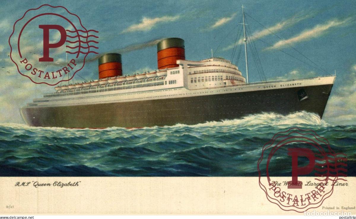 Sellos: NOT POSTCARD BUT ABSTRACT OF LOG OF CUNARD RMS QUEEN ELIZABETH NY SOUTHAMPTON CHERBOURG 16.5*10.5C