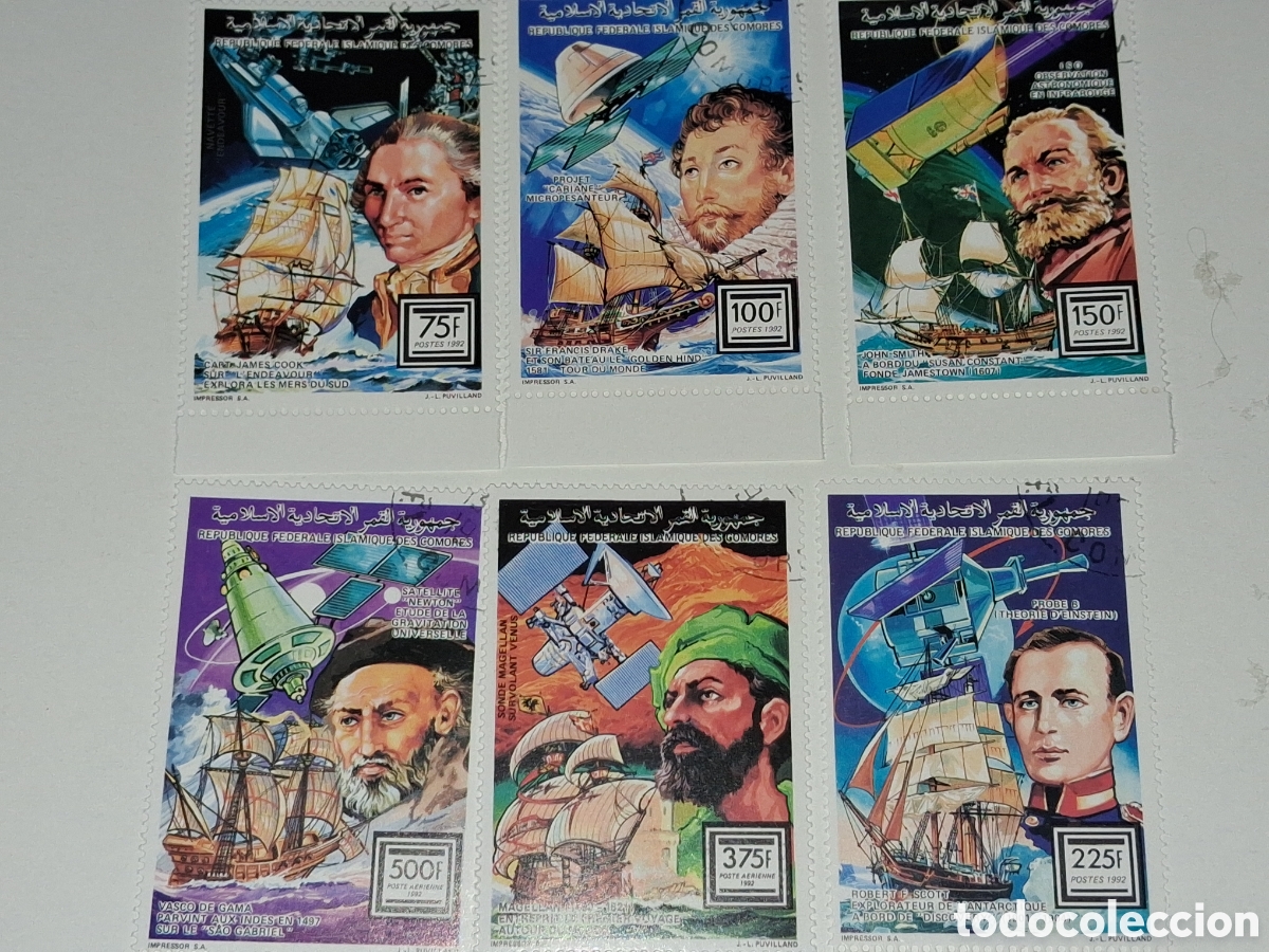 Sellos: Sello (2series) Comoras mtdo 1988. Exploraci&oacute;n espacio, naval. Barcos. Sat&eacute;lite. Velero. Astros. Sat