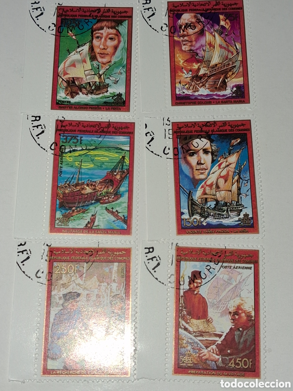 Sellos: Sello (2series) Comoras mtdo 1988. 500Aniv descubrimiento Am&eacute;rica Col&oacute;n. Barco. Velero. Historia
