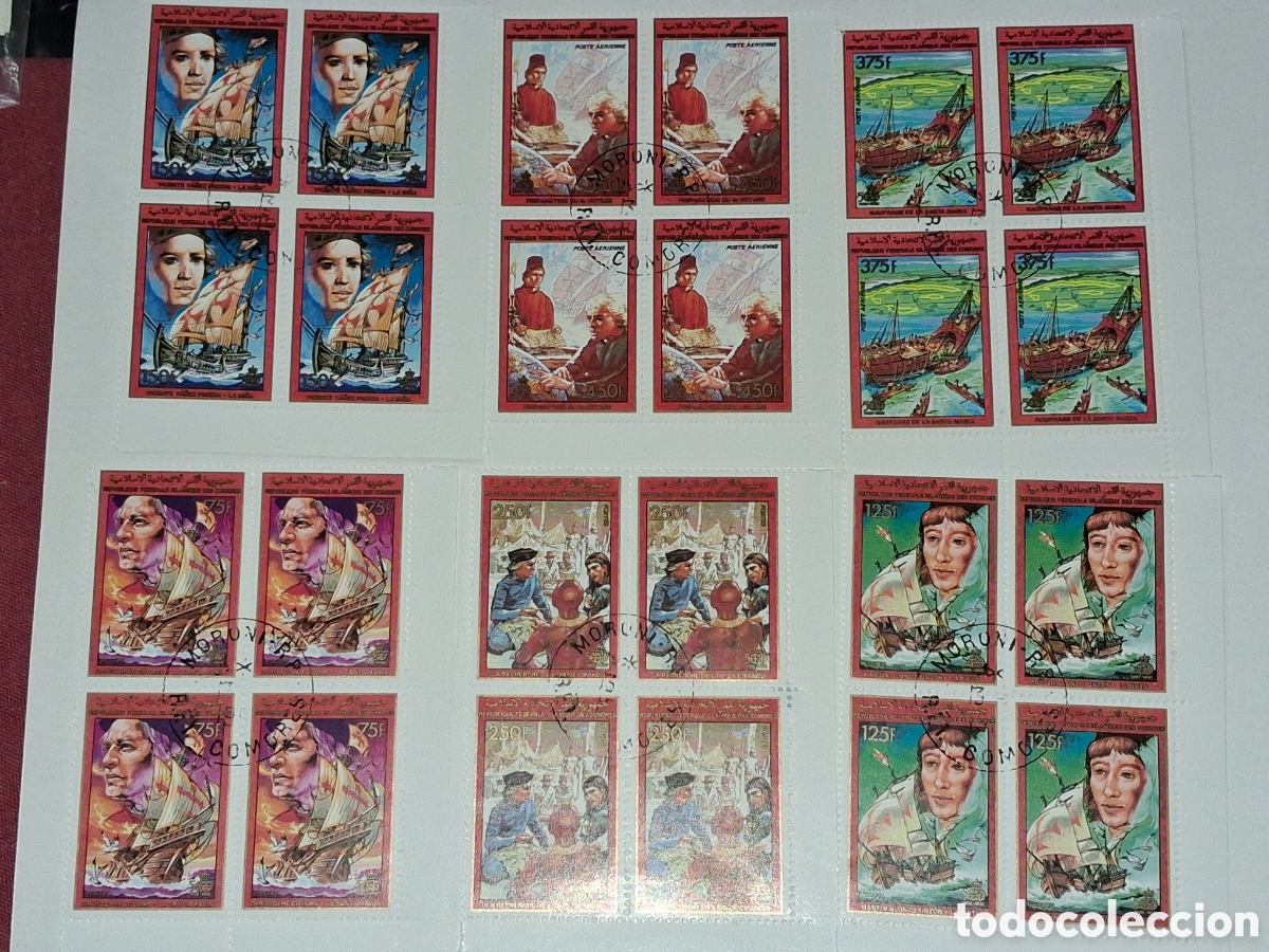 Sellos: Sello (2series) Comoras mtdo 1988. 500Aniv descubrimiento Am&eacute;rica Col&oacute;n. Barco. Velero. Historia