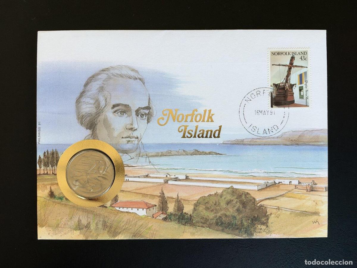 Sellos: Norfolk Island sobre numism&aacute;tico FDC 1991 Philswiss 43c