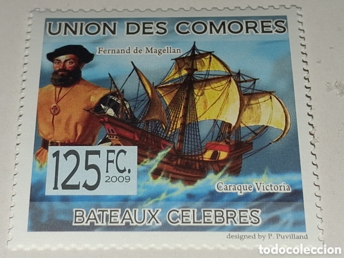 Sellos: Sello Comoras nuevo 2009. Barco. Descubridores. Velero, Victoria. Magallanes. Exploradores.
