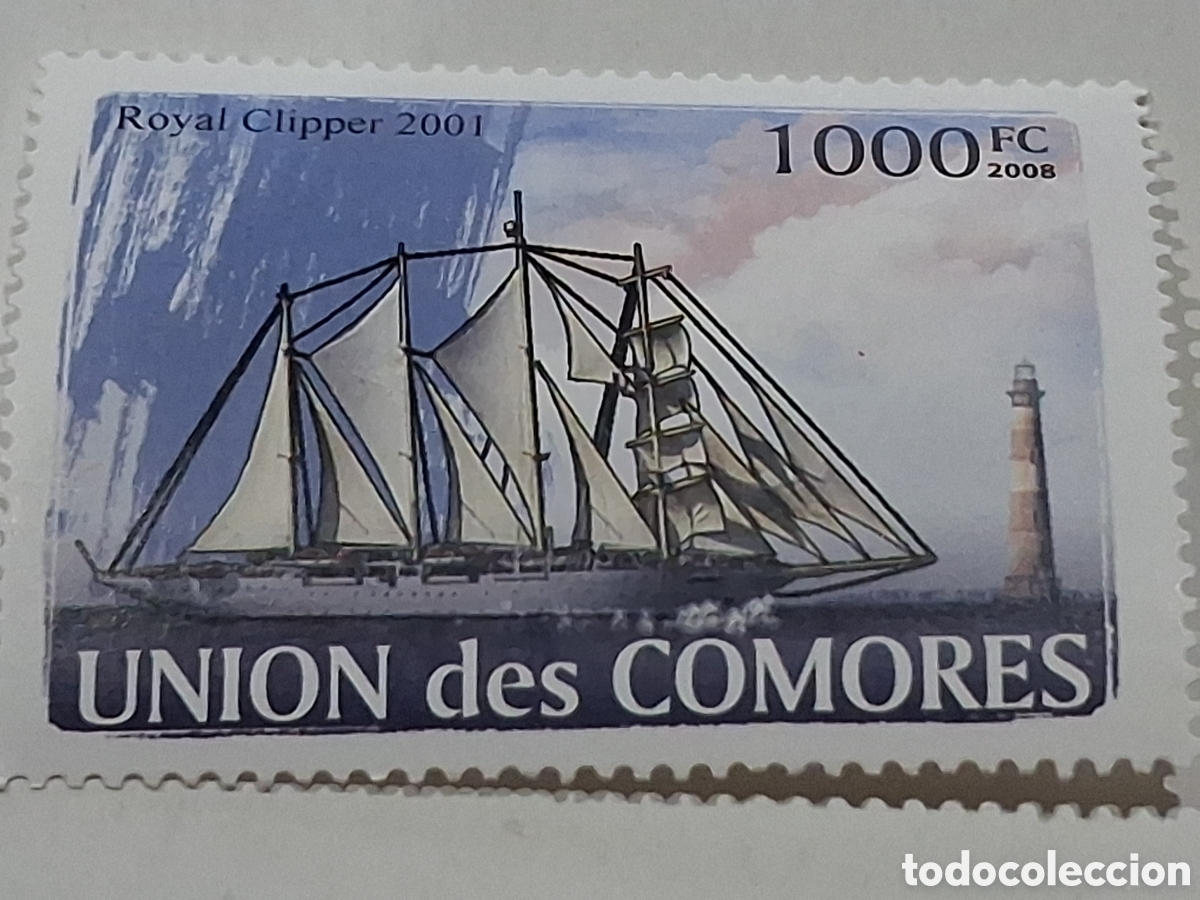 Sellos: Sello Comoras nuevo 2008. Barcos. Veleros 5 palos. Royal Clipper. Faro. Costa. Arquitectura. Crucero
