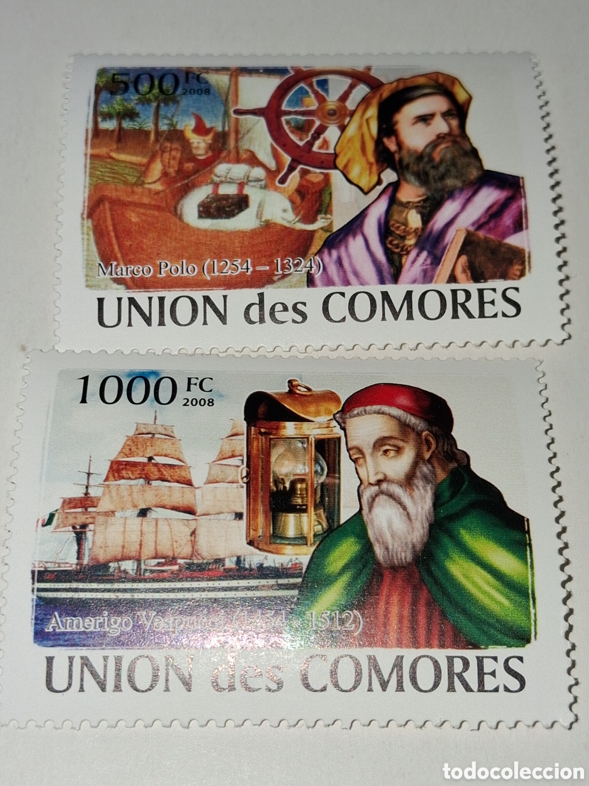 Sellos: Sello Comoras nuevo 2008. Navegantes. Am&eacute;rico Vespucio. Velero. Barco. Marco Polo. Tim&oacute;n. Explorador