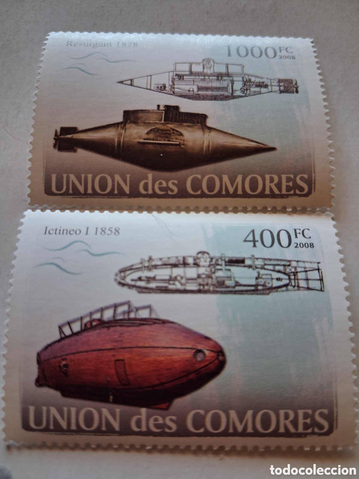 Sellos: Sello Comoras nuevo 2009. Submarinos. Historia navegacion. Barco. Transporte. Ictineo. Batiscafo