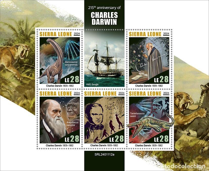 Sellos: Sierra Leona 2024 Mi. 18555-18559 hoja Charles Darwin Beagle dinosaurios