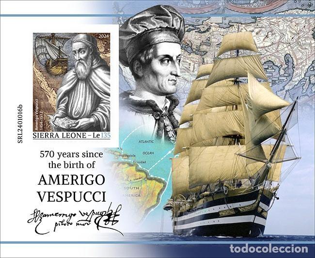 Sellos: Sierra Leona 2024 Mi. Bl. 3248 bloque sin perforar Amerigo Vespucci navegante