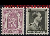 Sellos: B&eacute;lgica 1938. B&aacute;sicos: Leopoldo III y escudo - Foto 1