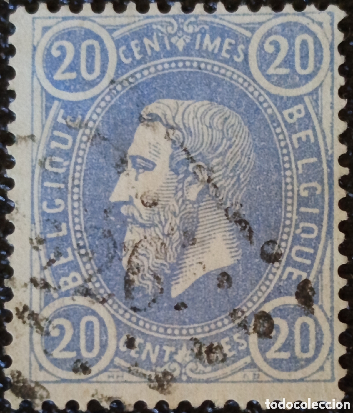 Sellos: B&eacute;lgica 1869 - Rey Leopoldo II - 20 c&eacute;ntimos Azul - Scott #33