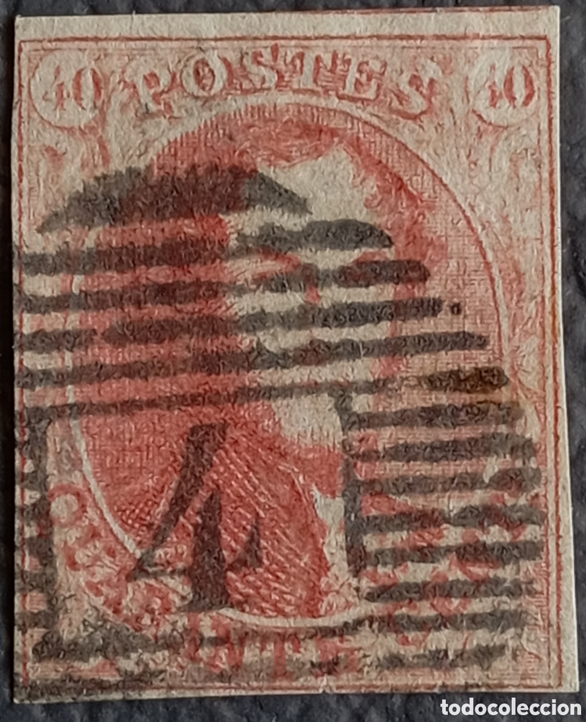 Sellos: Sello B&eacute;lgica 1861, Rey Leopoldo I 40c - Cat&aacute;logo Yvert #12, Matasello Barras Nr 4 (Amberes)
