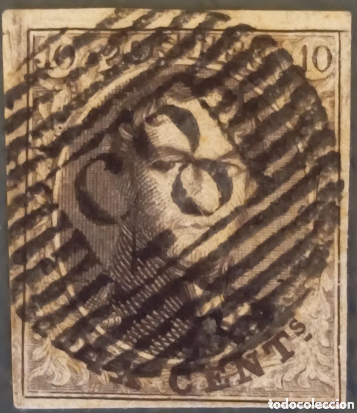 Sellos: B&eacute;lgica 1851 - Leopoldo I &rdquo;Medall&oacute;n&rdquo; 10c Marr&oacute;n - Cat. OBP n&ordm;6 /7 Scott n&ordm; 3 - Matasellos 83 (Mons)