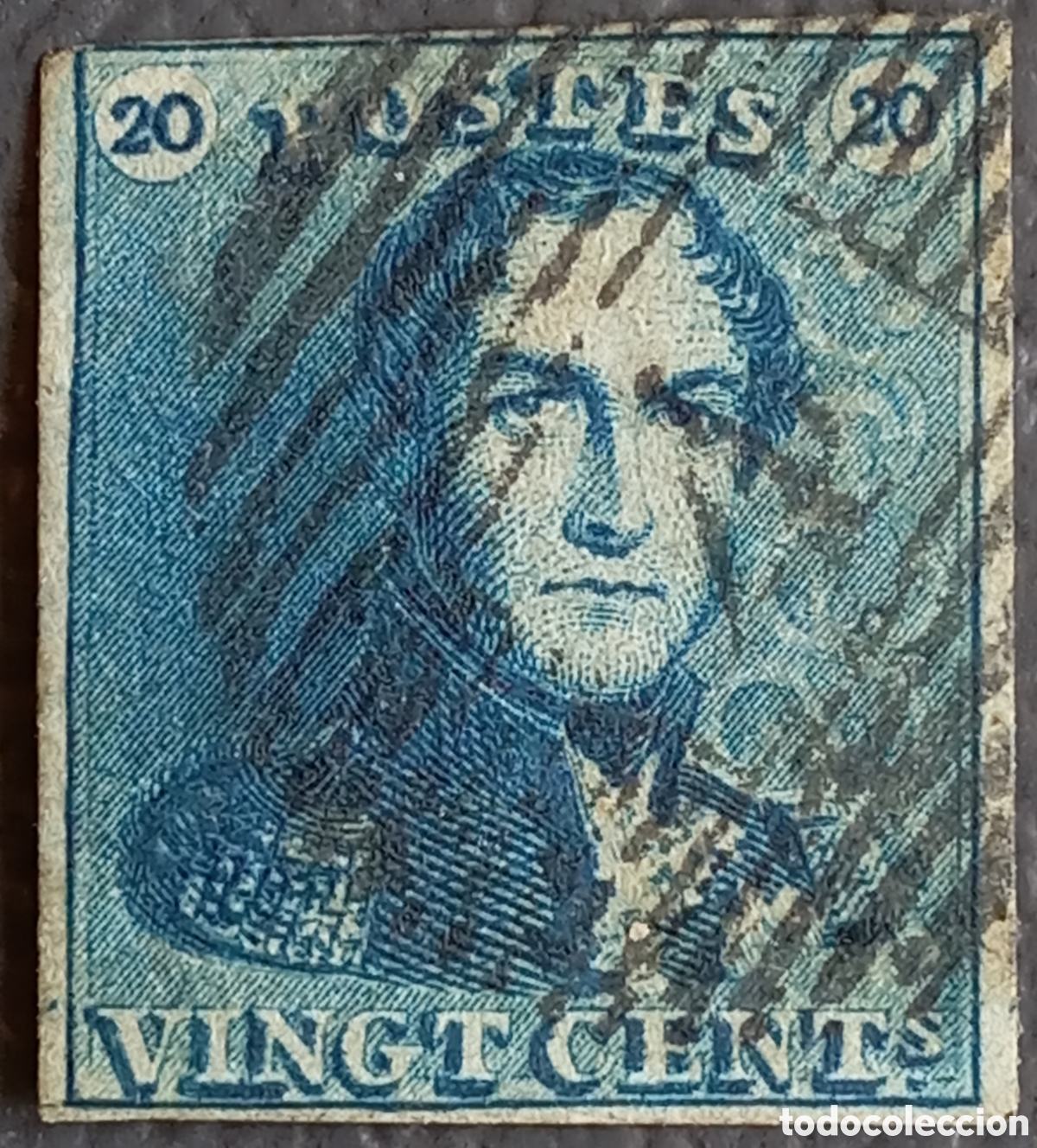 Sellos: B&eacute;lgica 1849 - Sello 20c Azul Leopoldo I &rdquo;&Eacute;paulettes&rdquo; - Cat. Scott #2