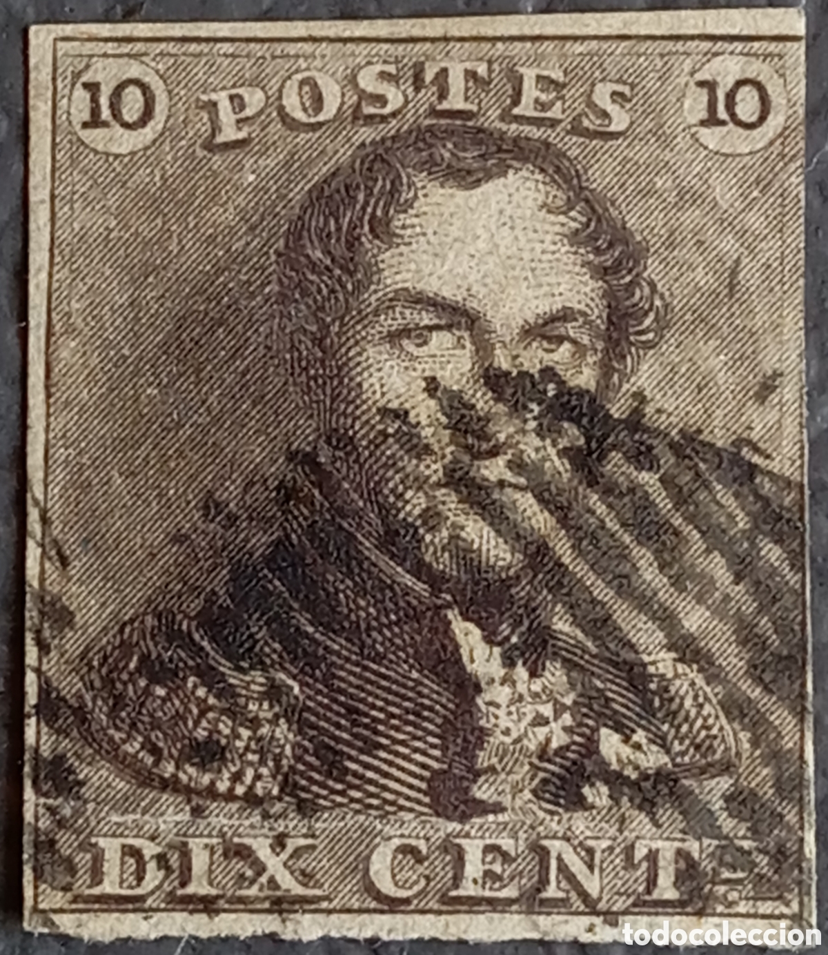 Sellos: B&eacute;lgica 1849 - Rey Leopoldo I &rdquo;Epaulettes&rdquo; 10c Marr&oacute;n - Yvert #1 / Scott #1