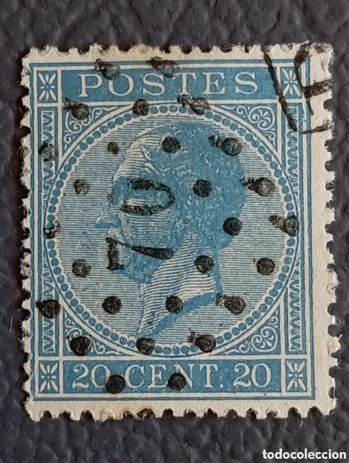 Sellos: B&eacute;lgica 1865 - Rey Leopoldo I, 20c Azul - Cat. Scott #19 (OBP #18) - Matasello Puntos 70 (Le Roeulx)