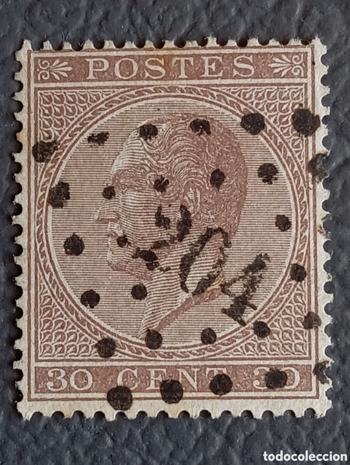 Sellos: B&eacute;lgica 1865 - 30 Cent. Leopoldo I - Matasello Puntos 204 (Jumet) - Yvert 19- D,15