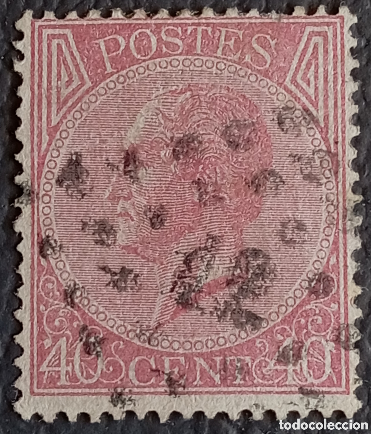 Sellos: B&eacute;lgica 1865 - Leopoldo I - 40c Rosa - Cat. Yvert 20 - Matasello &rdquo;12&rdquo; de Amberes