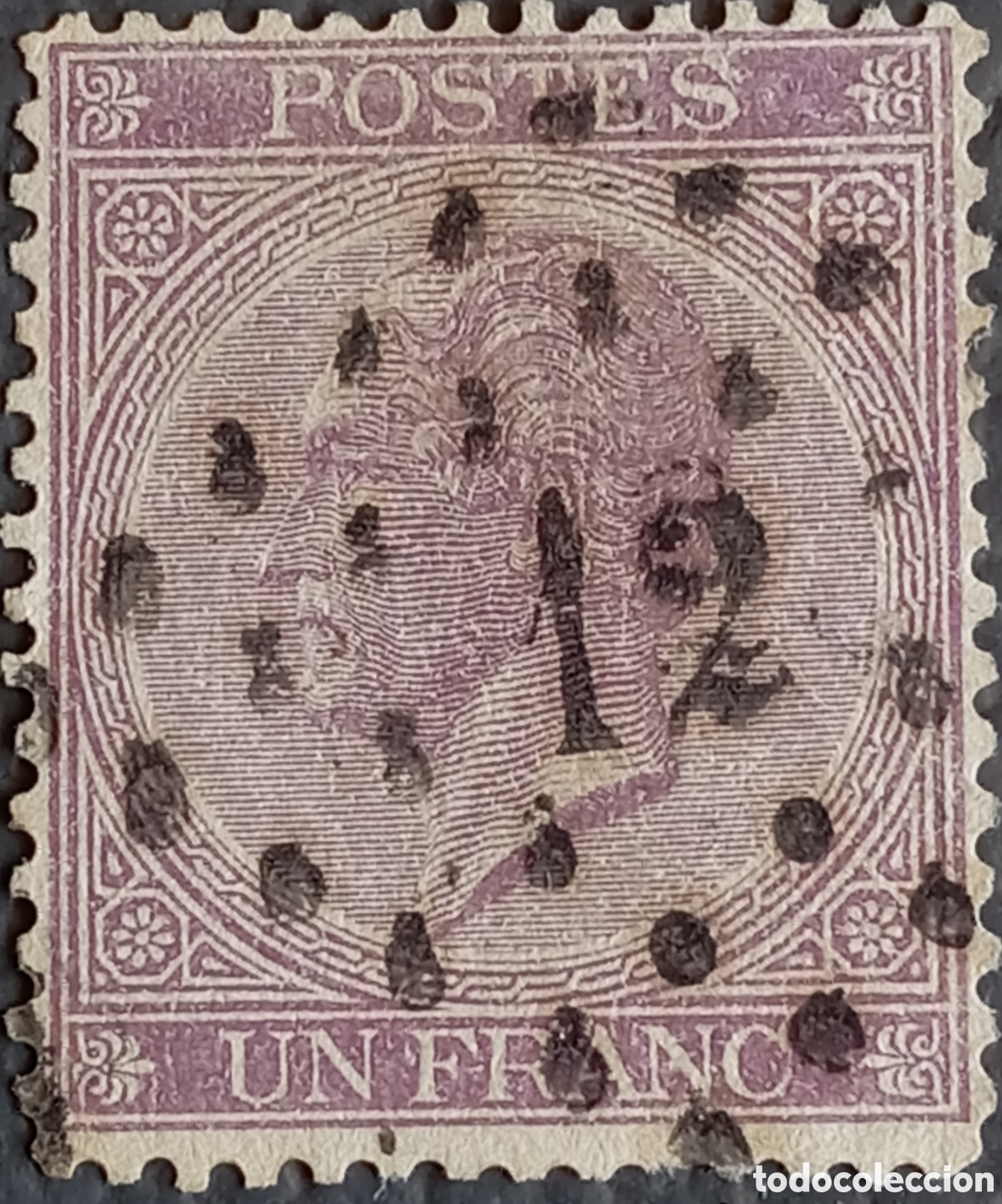 Sellos: B&eacute;lgica 1866 - Rey Leopoldo I - 1 Franco Lila - Cat. COB 21 - Matasello Anvers (12)