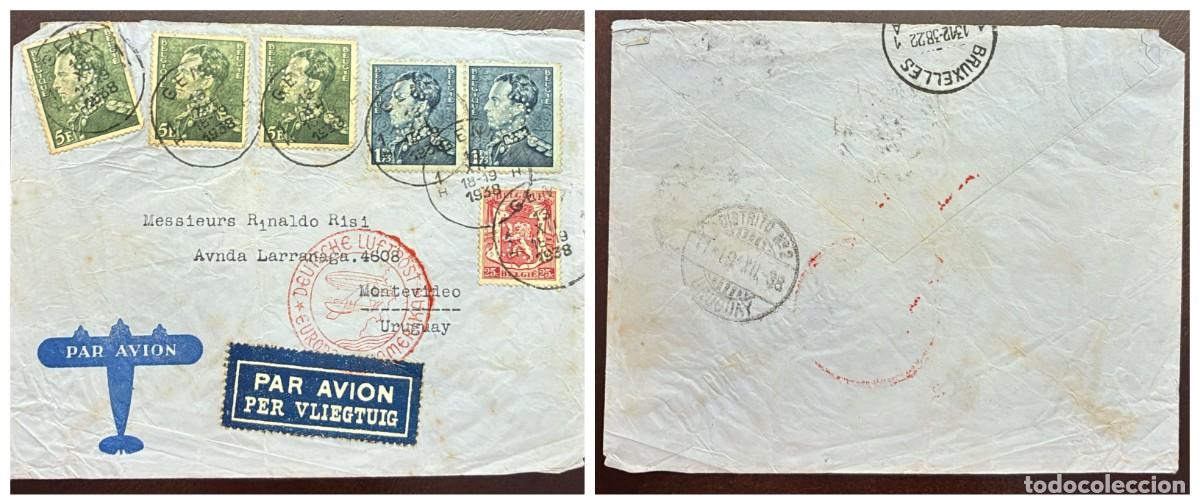 Sellos: O) 1938 BELGIUM, AIRMAIL PER VLIEGTUIG, DEUTSCHE LUFTPOST, SUDAMERIKA, COAT OF ARMS SCT 270 25C,