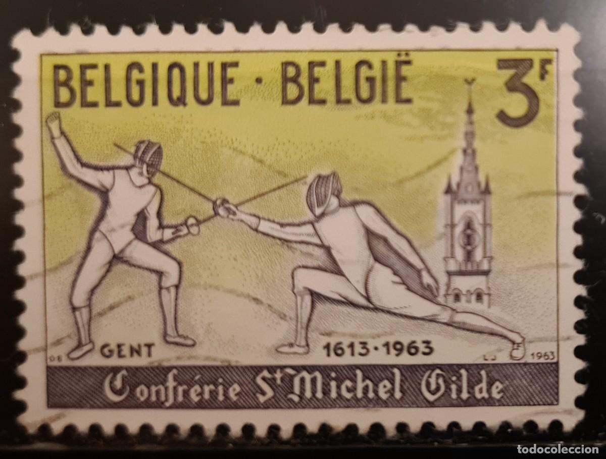 Sellos: Sello usado de B&eacute;lgica 1963: 350 aniversario del gremio de esgrima de Saint-Michel
