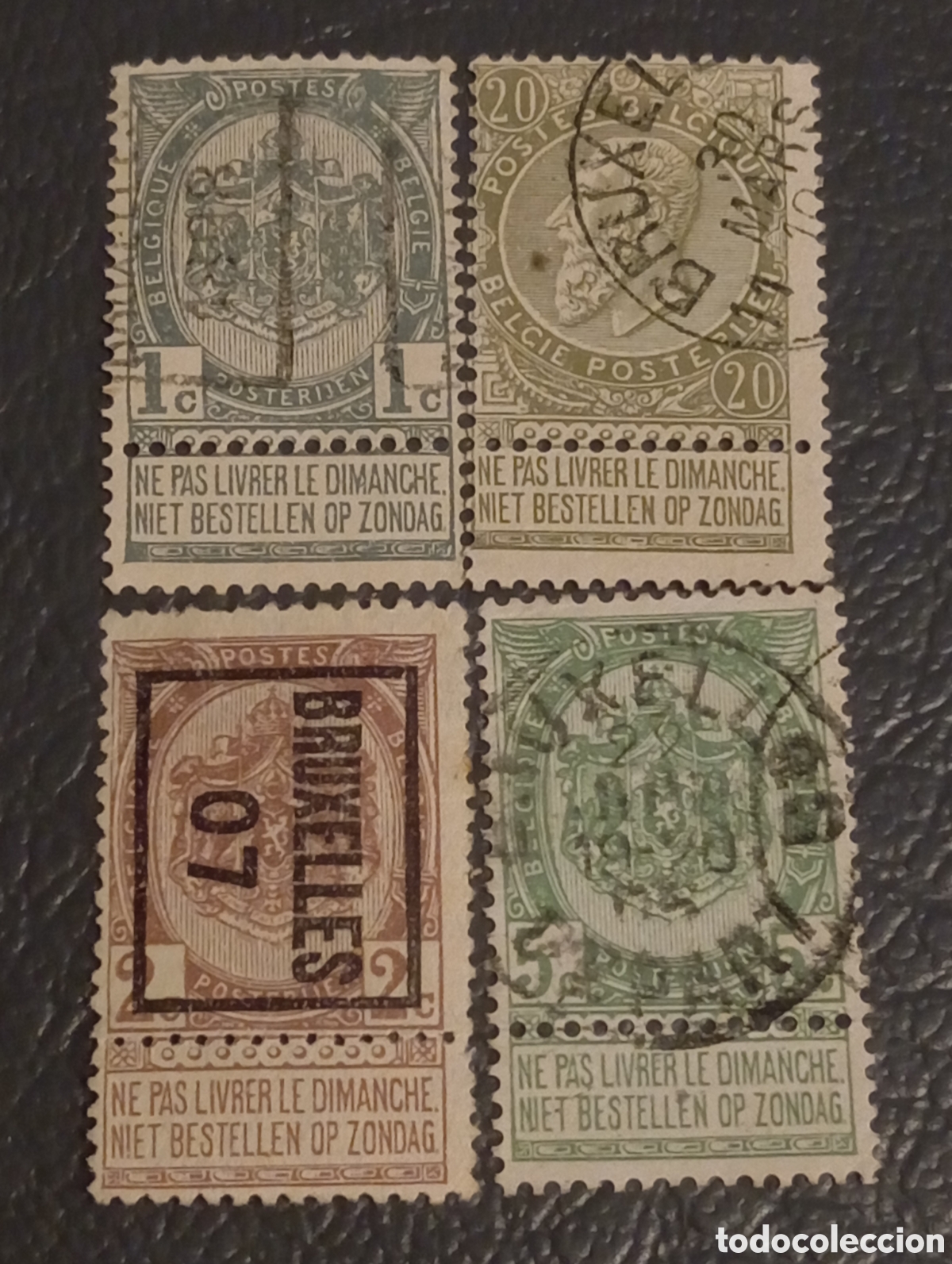 Sellos: Lote 4 Sellos B&eacute;lgica Cl&aacute;sica 1893-1907 &bull; Escudos y Leopoldo II con Bandeleta