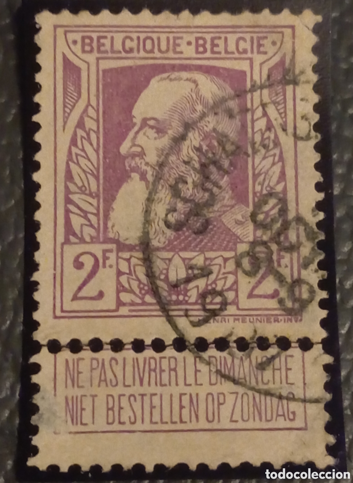 Sellos: B&eacute;lgica 1905 - Rey Leopoldo II 2 Francos Usado con Bandeleta - Cat&aacute;logo n&ordm; 80