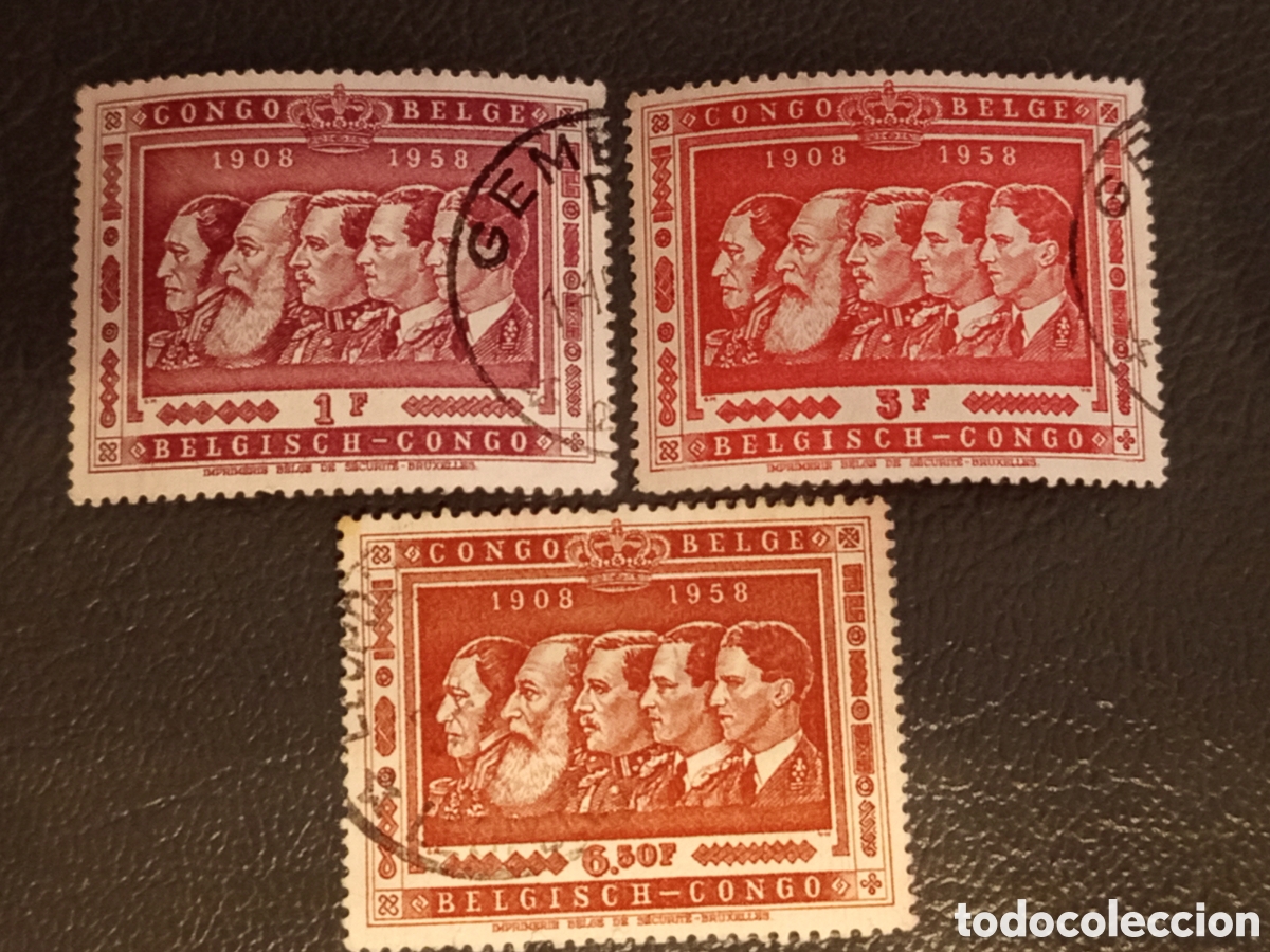 Sellos: Lote 3 Sellos Congo Belga 1958 - 50 Aniv. Colonia Reyes Belgas - Yvert 333/335 Usados