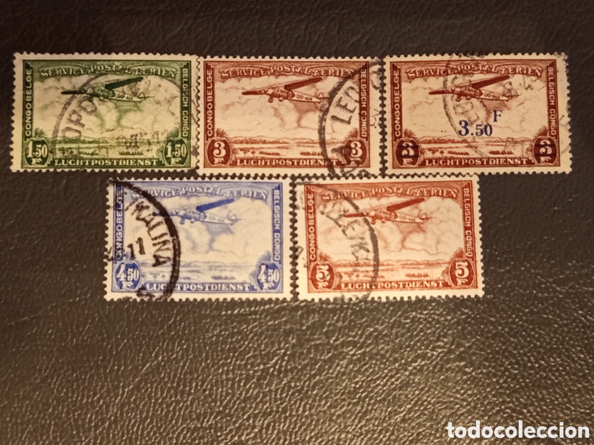 Timbres: Lote 5 Sellos Correo A&eacute;reo Congo Belga 1934 - Avi&oacute;n Fokker - Scott #C9-C13 Usados