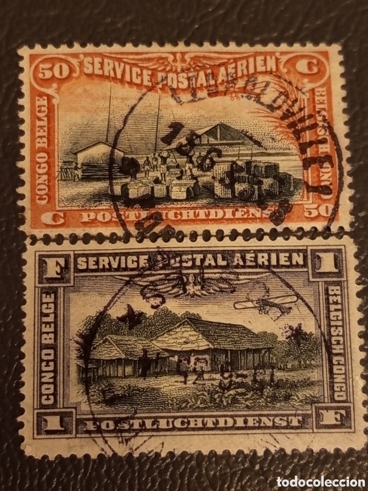 Timbres: Congo Belga 1920 - Serie Correo A&eacute;reo 50c y 1f Usados - Scott #C1 y #C2