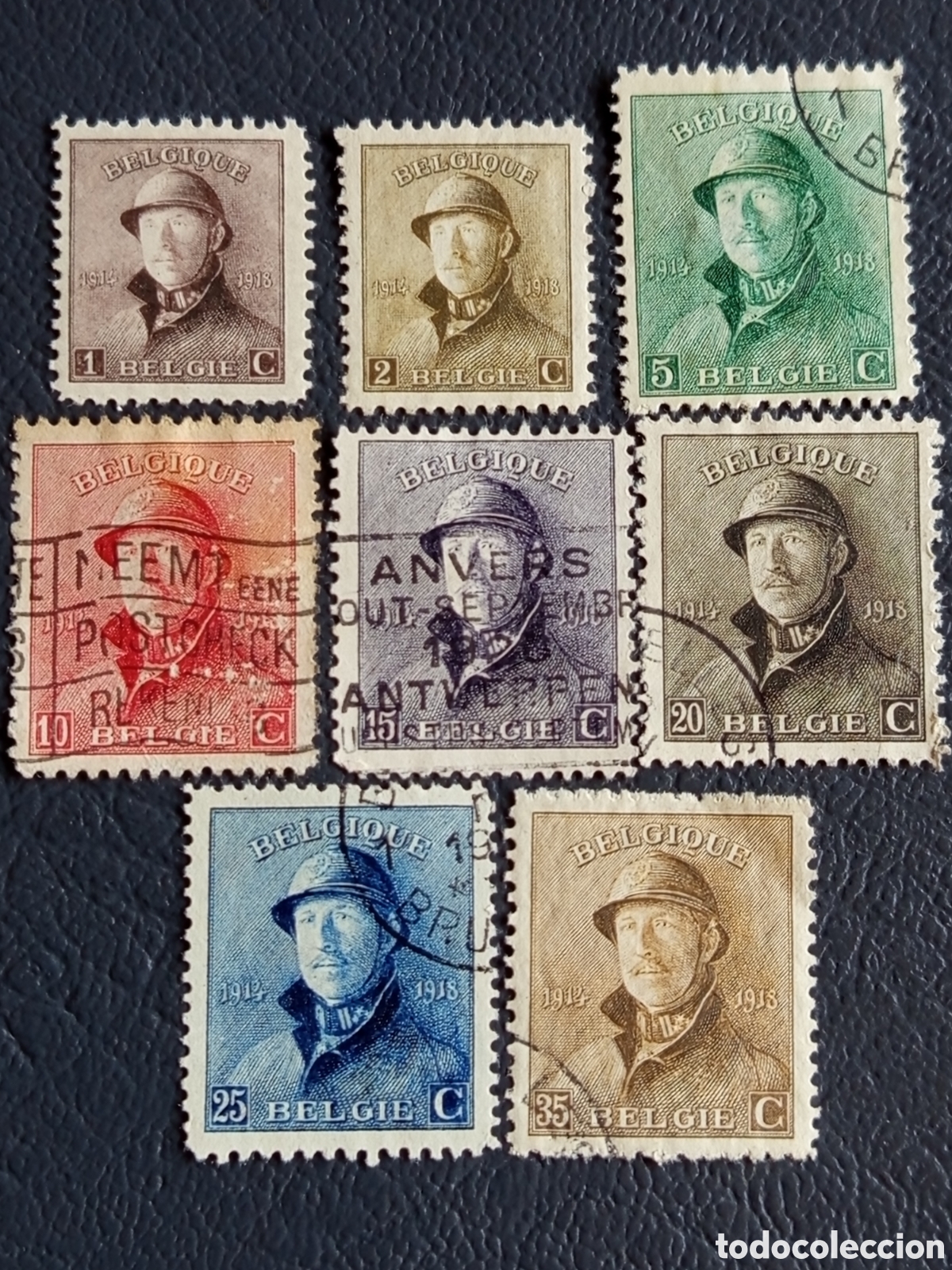 Sellos: B&eacute;lgica 1919 - Alberto I &rdquo;Roi Casqu&eacute;&rdquo; 1914-1918 - 7 valores 1c/35c - COB 165/178 - Usado