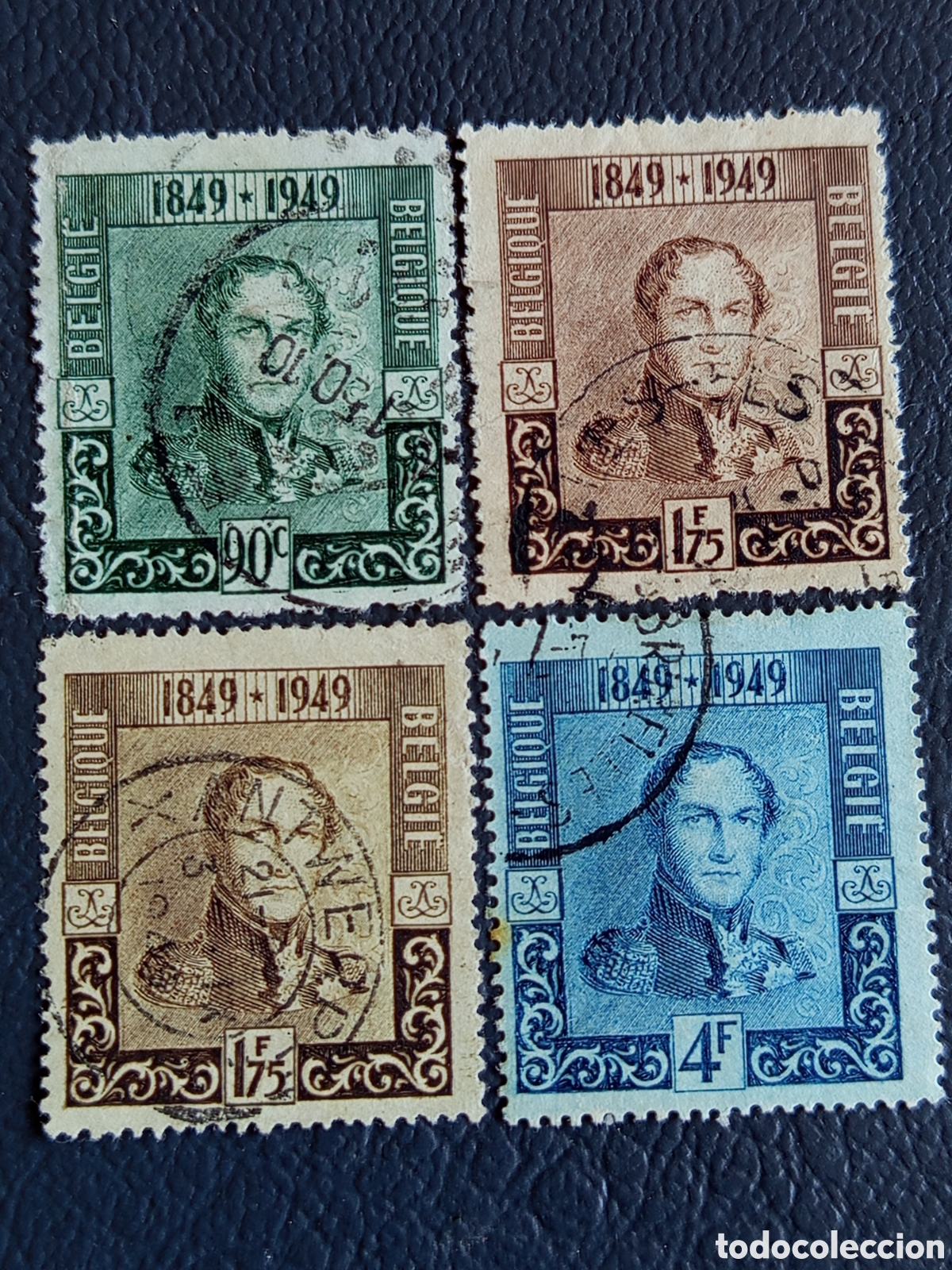 Sellos: B&eacute;lgica 1949 - Centenario 1er Sello Belga Leopold I - 90c/1.75F/4F - COB 807/810 - Usado