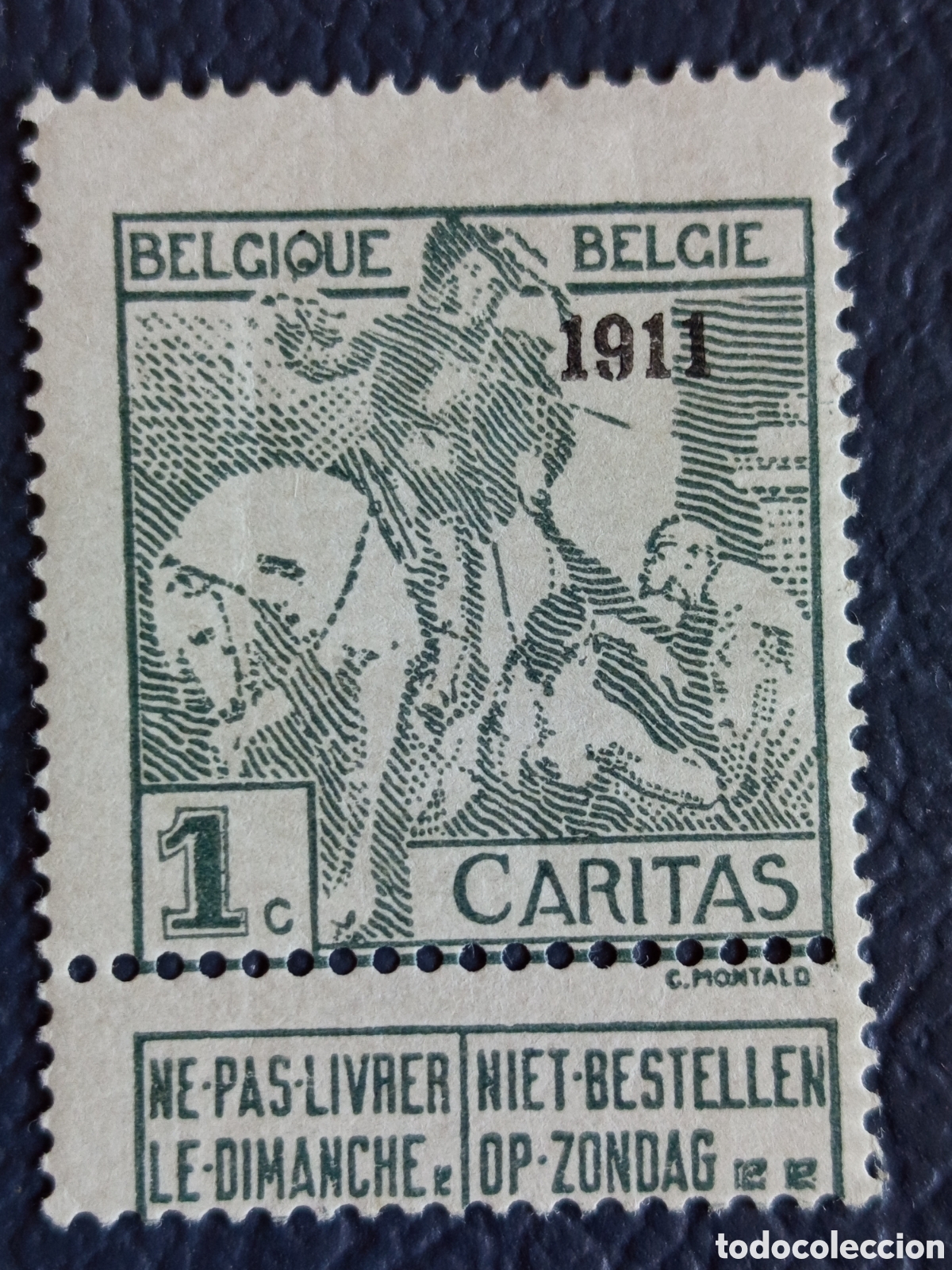 Briefmarken: B&eacute;lgica 1911 - Caritas 1c Verde Sobrecarga &rdquo;1911&rdquo; - COB 92 - Nuevo MH + Tal&oacute;n