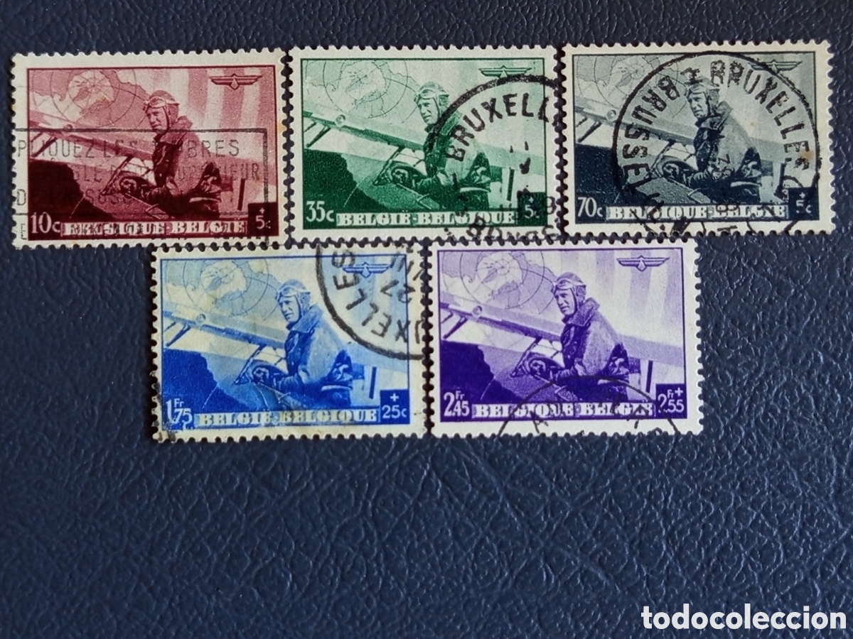 Stamps: B&eacute;lgica 1938 - Aeron&aacute;utica Piloto Biplano - 5 valores - COB 466/470 - Usado