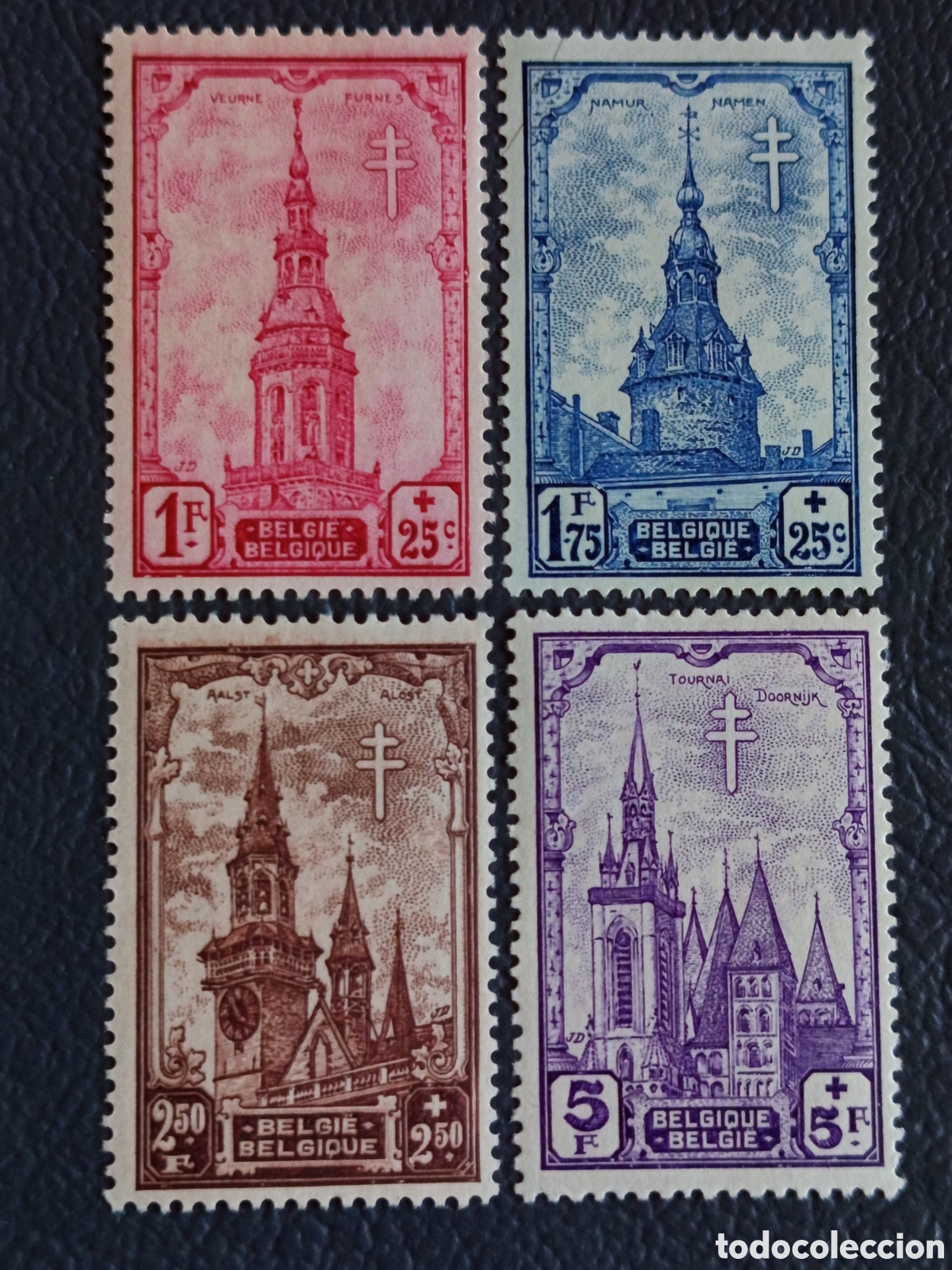 Sellos: B&eacute;lgica 1939 - Antituberculosis Campanarios Veurne/Namur/Aalst/Tournai - COB 517/520 - MH