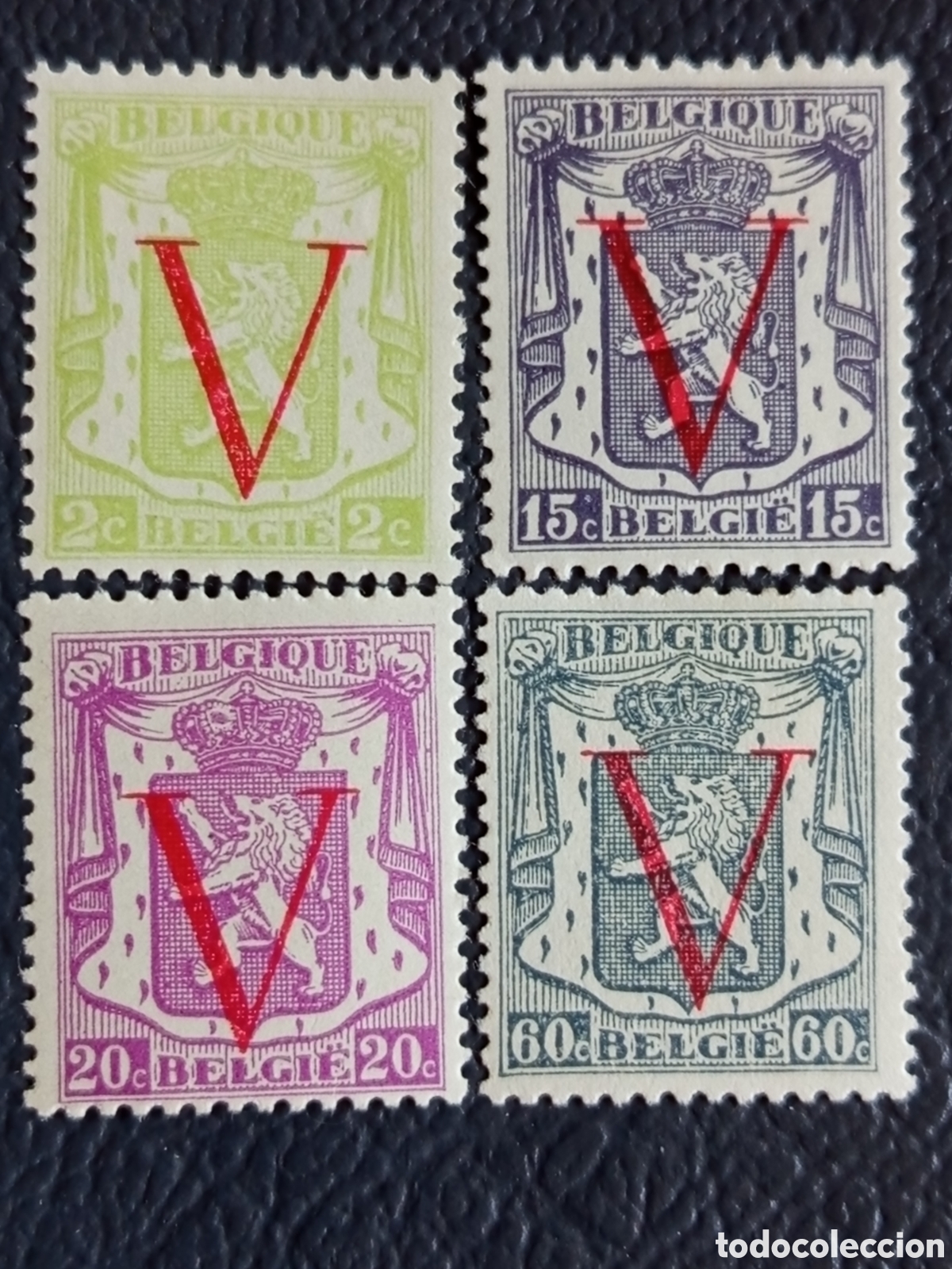 Selos: B&eacute;lgica 1944/1945 - Serie Escudo con Sobrecarga V Roja - Yvert 670/673 MH