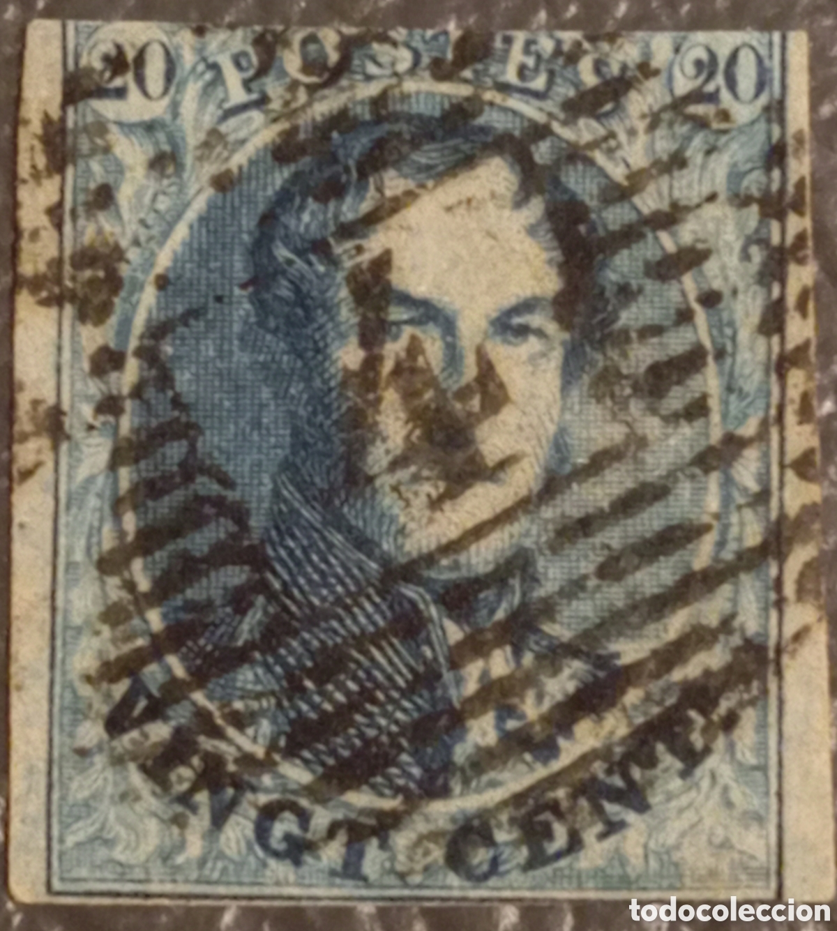 Selos: B&Eacute;LGICA 1849-1858 &middot; &rdquo;Medall&oacute;n&rdquo; &middot; 20c Azul &middot; Imperforado &middot; M&aacute;rgenes Amplios &middot; COB 2/8 &middot; Scott 2/8 &middot; U